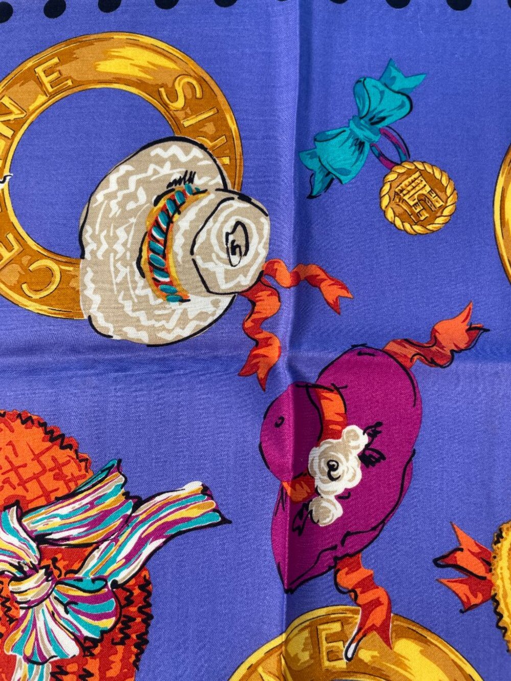Céline Paris Cotton Scarf Colorful Hats & Rope Print 20" Square - Picture 8 of 13